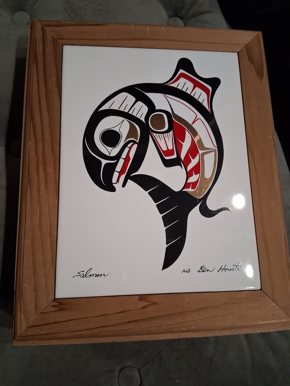 Native AMerican Artisr Ben Houstie Framed Salmon Print in Black, Red, Gold